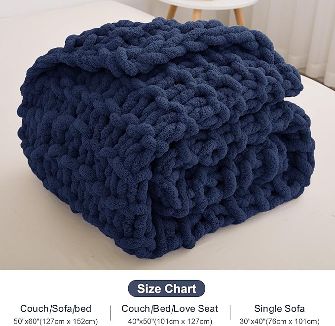Knit Blanket 40"x50" Navy Blue Cream Soft Washable Chenille Throw Blanket Cozy 100% Handmade Crochet Blankets with Jumbo Chenille Yarn for Couch Bed Sofa Room Decor