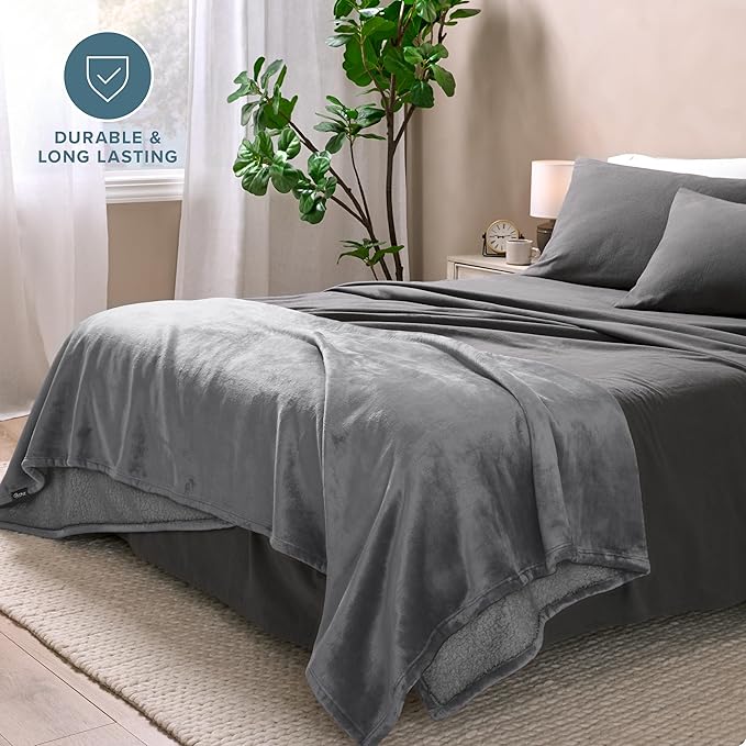 Bare Home Sherpa Fleece Blanket - King Size - Blanket for Bed, Sofa, and Couch - Warm & Lightweight - Fluffy & Soft - Reversible (King, Grey with Grey Sherpa)