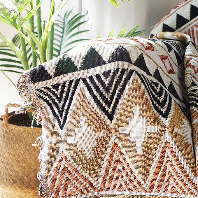 Luxlovery Bohemian Sofa Throw Blankets Ethnic Woven Farmhouse Boho Throw Blanket for Couch Black White and Orange Multicolor Aztec Bed Throws Oversized Chair Sofa Cover with Tassels(63"x86")