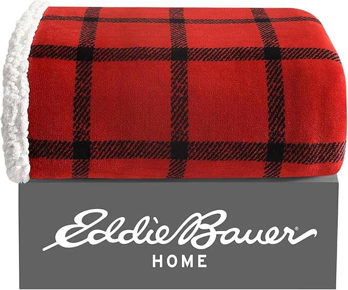 Eddie Bauer - Throw Blanket, Super Soft Reversible Sherpa Fleece Bedding, Ideal Christmas & White Elephant Gifts, Cozy Plaid Throw Blankets for Couch (Bunkhouse Plaid Red, Throw)