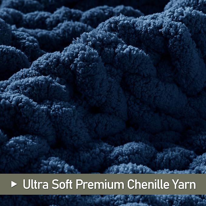 Chunky Knit Throw Blanket 50"X 60", 100% Handmade with Soft Chenille Yarn, 4.4lbs Thick Cable Knitted Blankets, Large Rope Knot Crochet Throws for Couch Sofa Bed Home Decor, Navy Blue