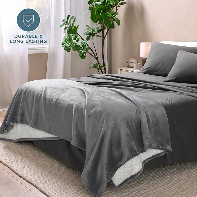 Bare Home Sherpa Fleece Blanket - King Size - Blanket for Bed, Sofa, and Couch - Warm & Lightweight - Fluffy & Soft - Reversible (King, Grey)