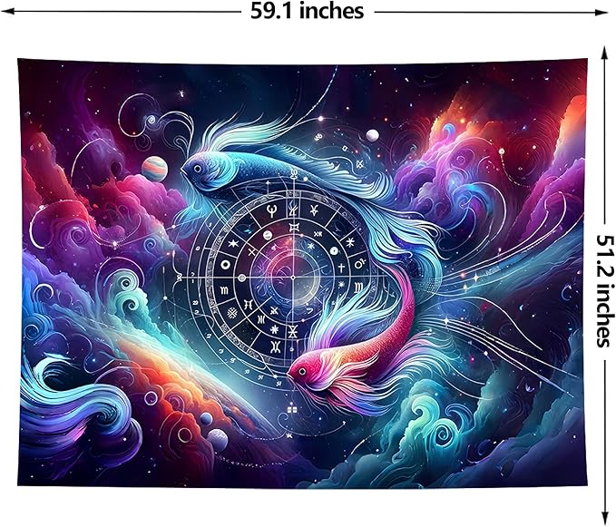 Pisces Tapestry Wall Hanging Zodiac Sign Decoration Aesthetic for Bedroom Living Room Dormitory Suitable for Teen Boy and Girl Who Like Astrology 59x51 Inches