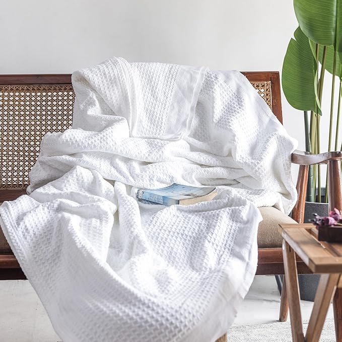 100% Cotton Salt Earth Throw Blanket, King, 106"X92" Waffle Throws For Home, Bedrooms, Outdoor Couch & Office Couch, Modern & Cozy Bed Room Decor Blankets,Lightweight All Season Western Blanket(White)