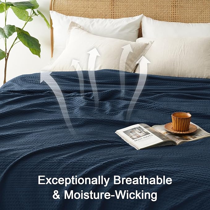 PHF Lightweight Waffle Weave Blanket Queen Size, Breathable & Ultra Soft, 90"x 90" Soft & Cozy Thin Blanket, Perfect for Summer & Hot Sleepers, Bed, Home Decor - Navy Blue
