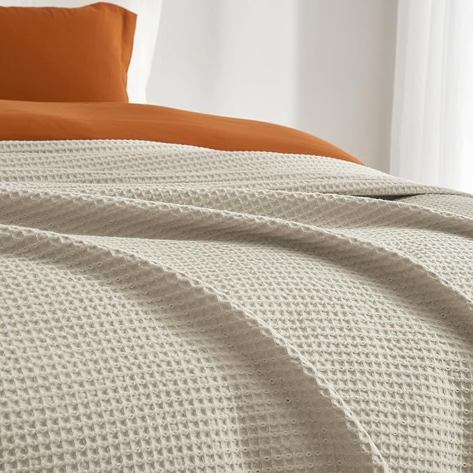 PHF Pre-Washed Cotton Waffle Weave Blanket Throw Size for Couch Bed,Snag Proof Spring Summer Lightweight Breathable,Oeko-TEX Certified,Machine Washable, Home Decor Gift-Linen/Stone