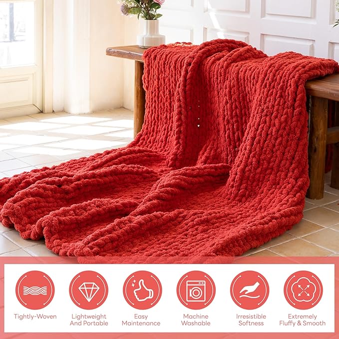 Chunky Knit Blanket - Luxury Soft Cozy Queen Size(50 * 60) Throw Blanket,100% Woven Blanket Rope Knot Throw Blanket for Couch, Sofa, Home Decor, Gift - Machine Washable(Wine red)