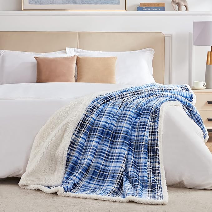 Touchat Sherpa Plaid Throw Blanket(60" X 70", Plaid Blue), Fuzzy Fluffy Cozy Soft Blanket, Fleece Flannel Plush Twin Size Microfiber Blanket for Couch Bed Sofa