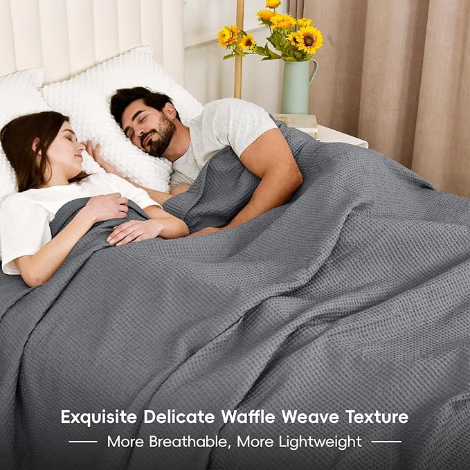 PHF Pre-Washed Cotton Waffle Weave Blanket Queen Size for Bed,Snag Proof Throw Blanket for Couch Spring Summer Lightweight Breathable,Oeko-TEX Certified,Machine Washable, Home Decor Gift,Charcoal