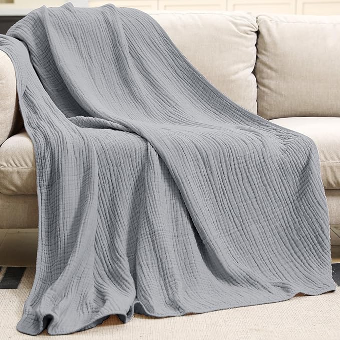 Yoofoss Muslin Blanket 100% Cotton Throw Large 50" x 60" for Bed Couch Summer Gauze Blanket for Adults Lightweight and Breathable Grey