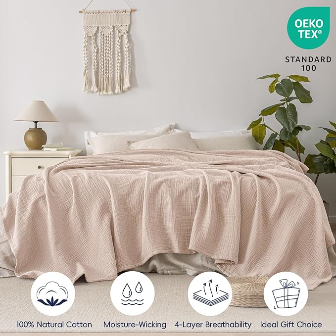 PHF 100% Cotton Muslin Blanket Queen Size 90" x 90", 4-Layer Lightweight and Breathable Blanket for Summer, Luxuriously Soft Gauze Bedding for Bed, Natural Minimalism Style, Ideal Gift, Light Pink