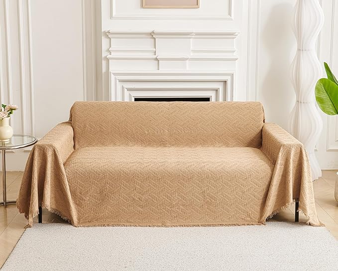 AIVIA Couch Cover Sheet Blanket, Slipcover for 3-4 Cushion High Backed Backrest Sofa, Extra Large Furniture Decor L Shape U-Shaped Sectional Protector for Cats Dogs Pets (Khaki, 91” x 134”)