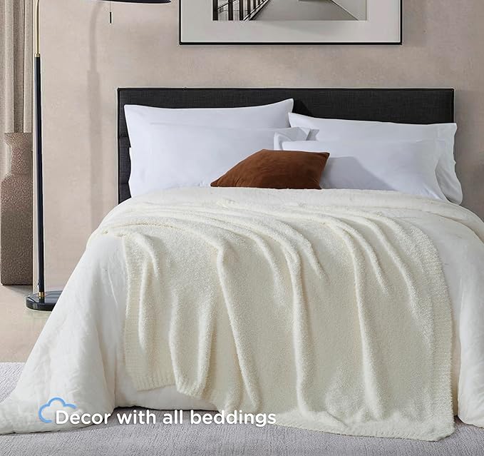 Knit Throw Blanket for Couch - Super Soft Bed Blanket, Fluffy Fuzzy Plush Lightweight Cozy Blankets for Sofa ,Cream,50" x 60"