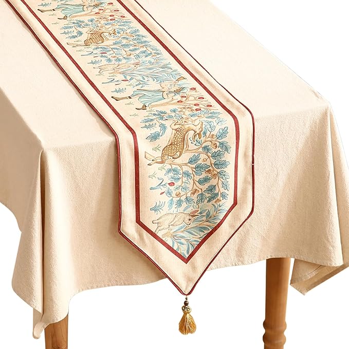 patdrea Designer Idyll Linen Table Runner, Vintage Beige Farmhouse with Ancient Spring Figure and Animal Pattern Table Mat, Decoration for Kitchen Dining Banquet Christmas ,12"*71"