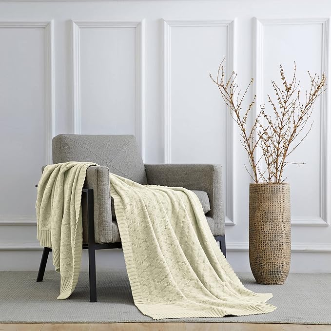 Longhui bedding Cotton Cable Knit Throw Blanket for Couch Chairs Beach Sofa, Home Beige Decorative Blanket, Cream 50 x 60 inches