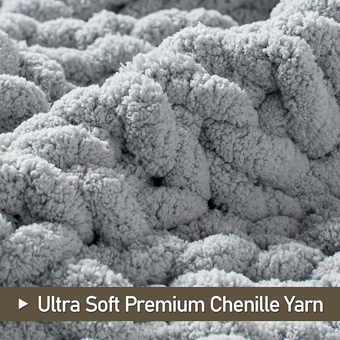 Chunky Knit Throw Blanket 60"X 80", 100% Handmade with Soft Chenille Yarn, 4.4lbs Thick Cable Knitted Blankets, Large Rope Knot Crochet Throws for Couch Sofa Bed Home Decor, Light Grey