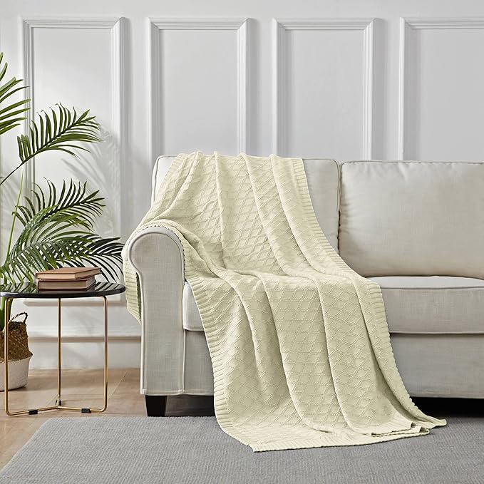 Longhui bedding Cotton Cable Knit Throw Blanket for Couch Chairs Beach Sofa, Home Beige Decorative Blanket, Cream 50 x 60 inches