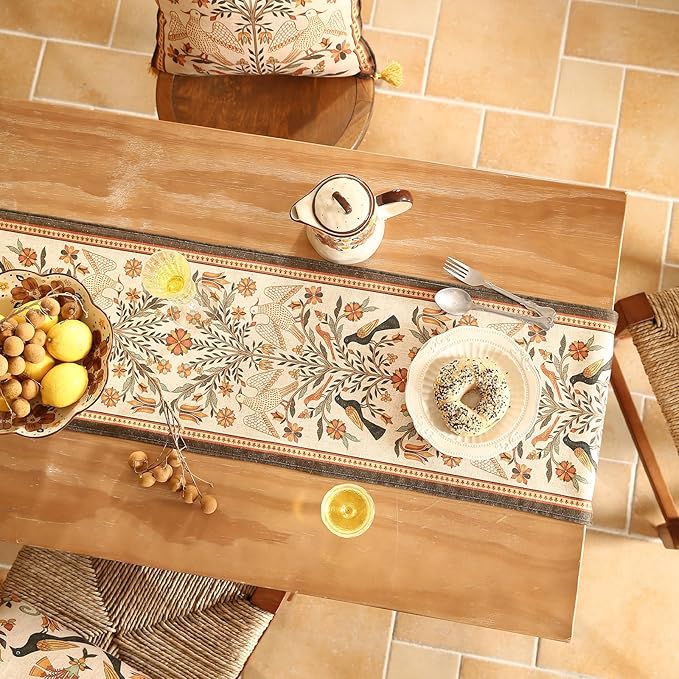 Vintage Linen Table Runner 87 Inches Long,Floral Print Italian Rustic Runner for Coffee Table Decor Tabletop Table Runners for Kitchen,Dining,Party,Home,Christmas,12"*87"