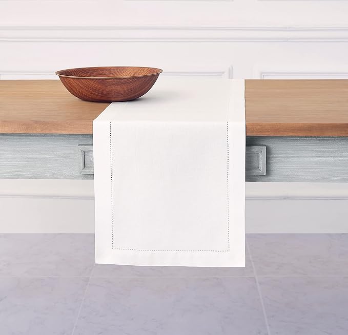 Solino Home White Table Runner 36 Inches - Cotton Linen Hemstitch Coffee Table Runner 14 x 36 Inch Ideal for Dresser Tables - Summer, Fall, Autumn, Halloween