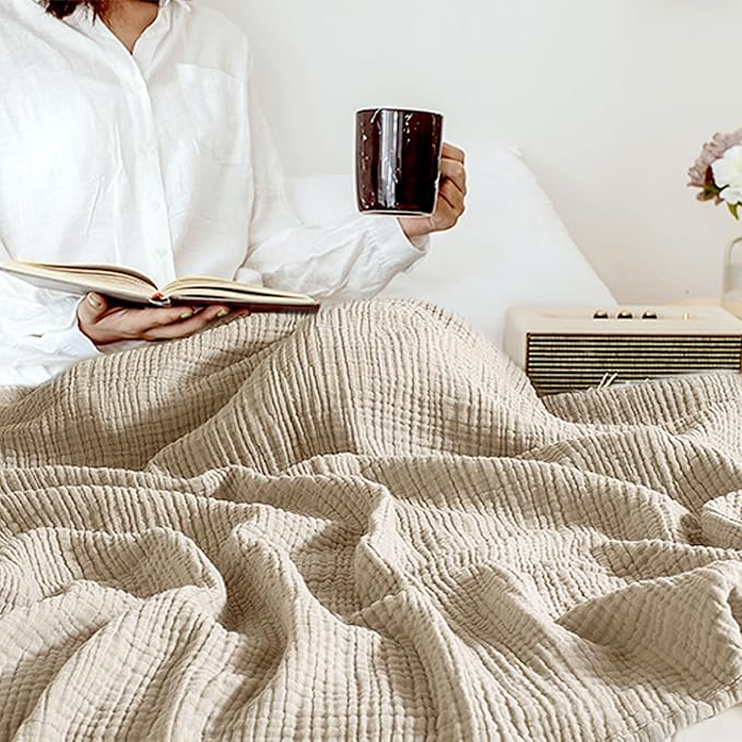 Carriediosa 100% Cotton Muslin Throw Blanket 108" X 90" King Size,4-Layers Summer Gauze Throws for Bed Couch,Soft Lightweight Breathable Linen Blankets Bedspread for Adults All Season,Khaki