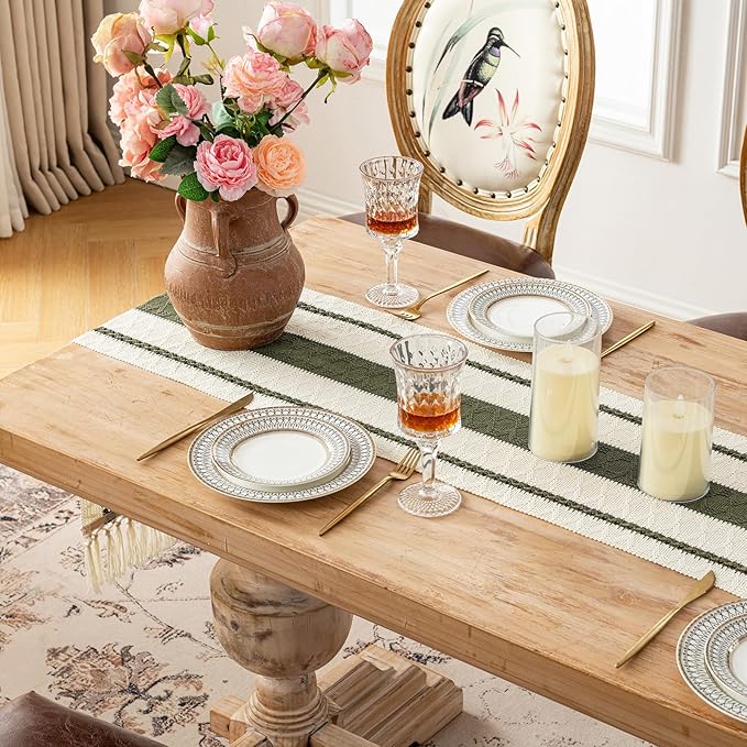 Fancy Homi Olive Green Table Runner 90 Inches Long Boho Macrame Table Runner for Home Decor, Farmhouse Table Runners with Tassels for Party Bohemian Rustic Bridal Shower Dining Decor 12x90 Inches