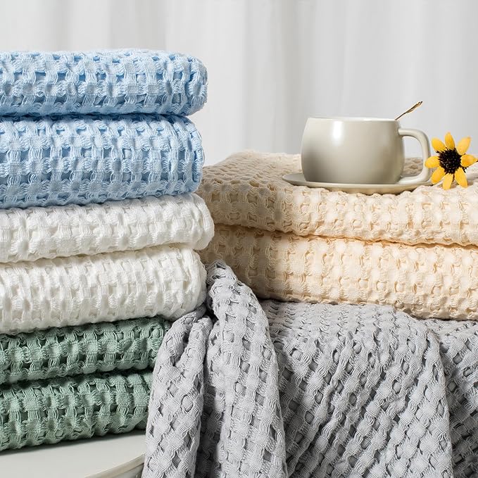 Carriediosa 100% Cotton Waffle Weave Blanket 400GSM Breathable Thermal Blankets for Bed Couch Sofa Soft and Cozy Throws for All Season Home Decor, 50"X 60" Light Yellow