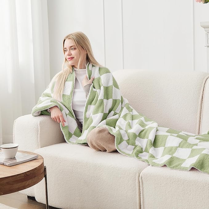 Super Soft Luxurious Warm Checkered Throw Blanket - Reversible for Couch, Bed, Sofa - 60x80 Inches - Green and White