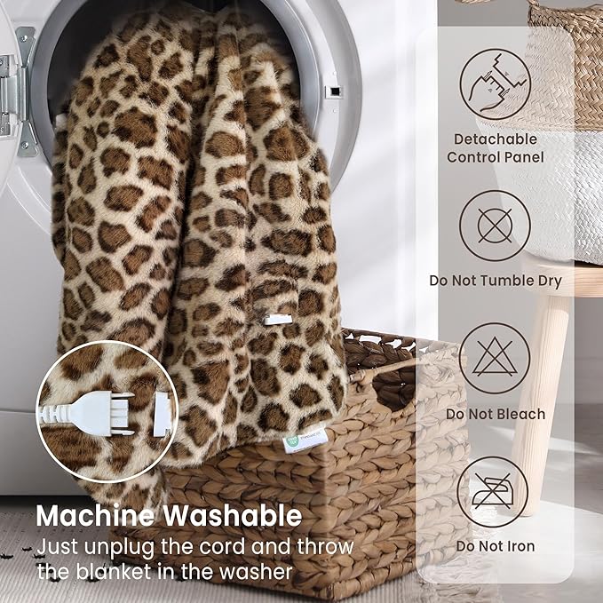 Luxury Faux Fur Heated Blanket Electric Throw - Leopard Print Ultra Soft Thick Warm Heated Blanket, 6 Heating Levels & 12 Hours Auto-Off, ETL Certified, Washable, Luxurious Gifts, 50''x60''
