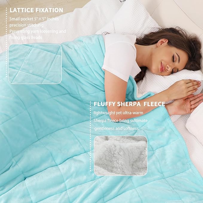 Alomidds Sherpa Fleece Weighted Blanket for Adults(20lbs Queen Size 20lbs 60 x 80 inches) Heavy Blanket with Fluffy Warm Thick Sherpa & Cozy Soft Flannel for Sofa Bed, Aqua
