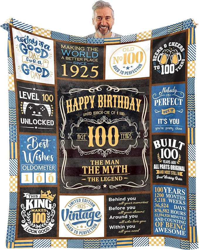 100th Birthday Blanket 60 x 50 inch - Gifts for 100 Year Old Man - 100th Birthday Gifts for Men -100th Birthday Gift Ideas for Dad, Grandpa - 100th Birthday Decorations