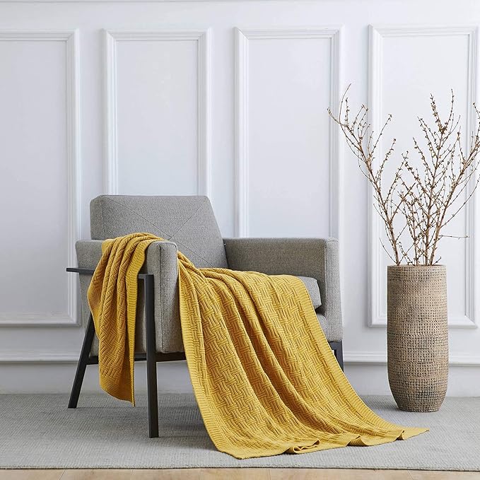 100% Cotton Navy Blue Cable Knit Throw Blanket with Bonus Laundering Bag - Large Thick, 2.5 Pounds,Extra Cozy, Machine Washable, Comfortable Home Decor (Mustard Yellow Stripe Pattern, 60"x80")