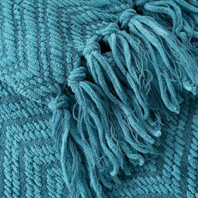 BATTILO HOME Teal Throw Blanket for Couch, Knit Woven Turquoise Blankets Versatile for Chair, Super Soft Warm Decorative Green Blanket with Tassels for Bed Sofa, 50"x60"