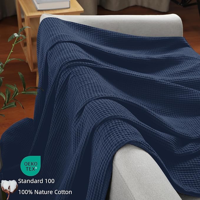 100% Cotton Waffle Blanket, Pre-Washed and Anti-Shrinkage Soft Lightweight Bed & Couch Blanket, 380 GSM Waffle Weave Throw Blanket for All Seasons(Navy Blue - Queen Size - 90" * 90")
