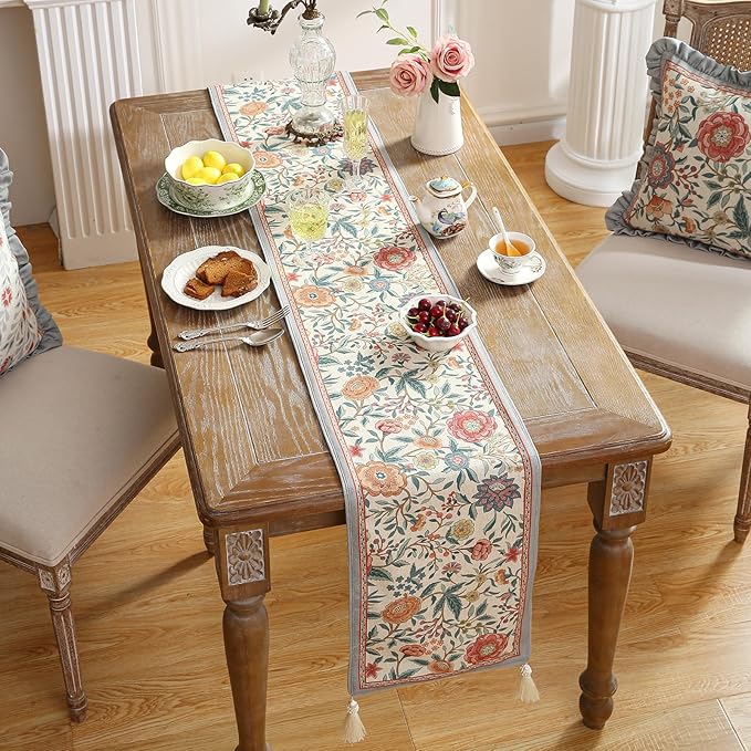 Farmhouse Floral Cloth Runner for Table,Decorative Linen 71 Inches Long Table Runners,Decor Tabletop for Kitchen,Dining,Tea Party,Home,Christmas,12"*71"