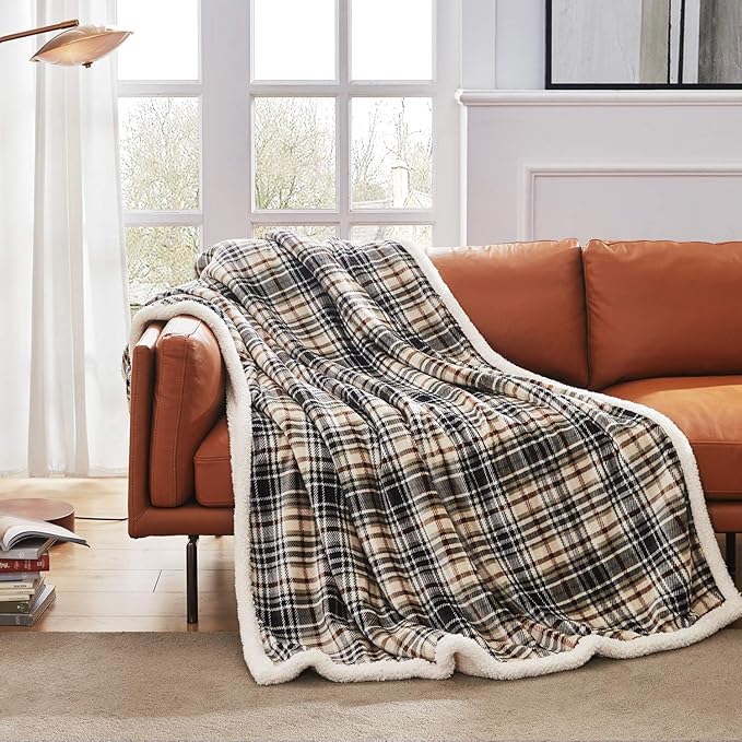 Touchat Sherpa Plaid Throw Blanket, 60" X 70"Fuzzy Fluffy Cozy Soft Blanket, Fleece Flannel Plush Twin Size Microfiber Blanket for Couch Bed Sofa (Brown)