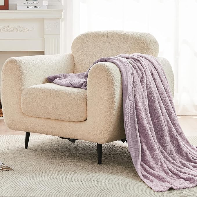 EMME Muslin Cotton Fleece Queen Blanket Reversible - 80"*90" Lavender Soft Warm Throw Blankets for Couch Bed Picnic Travel Bed