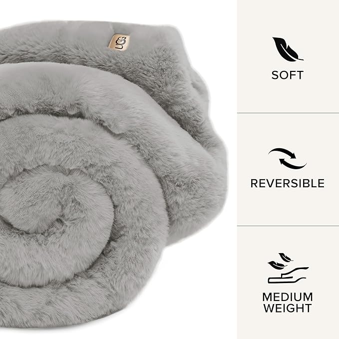 UGG Euphoria Plush Faux Fur Throw Blanket Medium Weight Reversible Luxury Soft Throw for Couch Bed or Chair Hypoallergenic Machine Washable Home Decor Blanket, 50-inch x 70-inch, Seal Light Grey