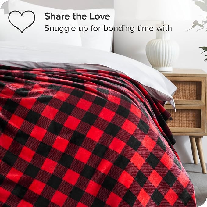 Bare Home Fleece Microplush Blanket - Extra Long - Lightweight Throw for Bed, Sofa, Couch, Movie Night, Camping, and Travel - Ultra Soft Warm Blanket (Twin/Twin XL, Chester Buffalo Plaid - Red/Black)