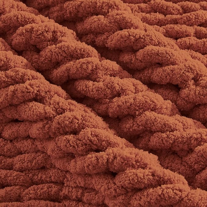 Carriediosa Chunky Knit Throw Blanket 50" X 60", 100% Hand Made Large Chenille Loop Yarn Soft Fluffy Throws for Couch Sofa Bed, Big Crochet Cozy Heavy Thick Cable Woven Blankets, Rust