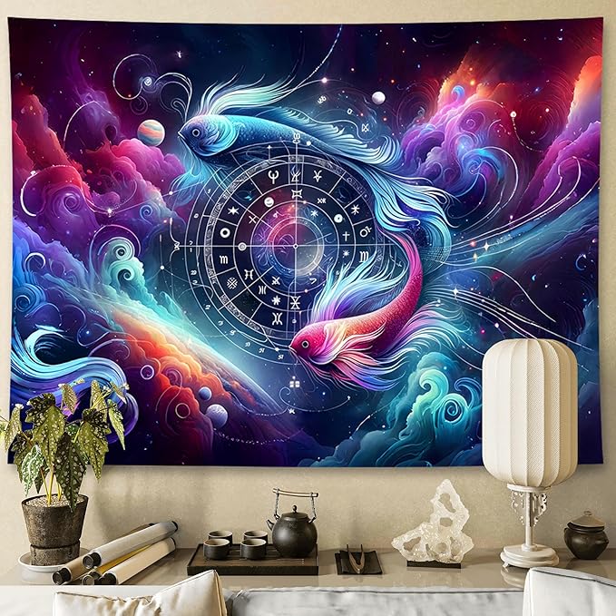 Pisces Tapestry Wall Hanging Zodiac Sign Decoration Aesthetic for Bedroom Living Room Dormitory Suitable for Teen Boy and Girl Who Like Astrology 59x51 Inches