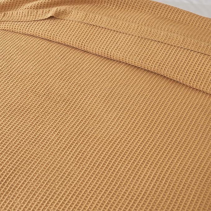 100% Cotton Waffle Weave Throw Blanket - Yellow Waffle Weave Lightweight Summer Throw Blanket - 50x60in Prewashed Breathable, Woven Throw for Couch, Bed or Office (Marigold)