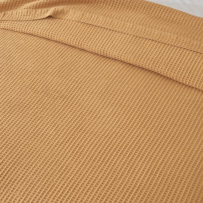 100% Cotton Blanket for King Size Bed - Yellow Waffle Weave Lightweight Summer Bed Blanket - 102x90in Prewashed Breathable, Woven, Layering Blanket (King, Marigold)