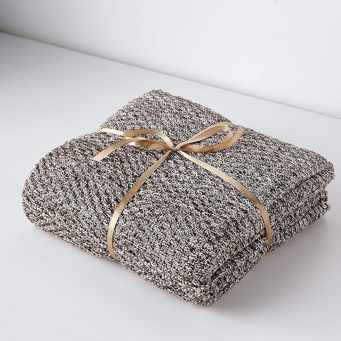 Longhui bedding Coffee Knitted Throw Blanket for Couch, Soft, Cozy Machine Washable 100% Cotton Sofa Knit Blankets, Heavy 4.0lb Weight, 60 x 80 Inches, Coffee and White Color.