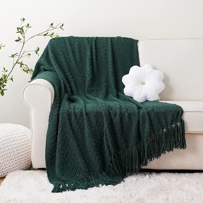BATTILO HOME Forest Green Throw Blanket for Couch, Knit Christmas Throw Blanket Versatile for Chair, Super Soft Warm Green Christmas Blanket with Tassels for Bed, Sofa and Living Room, 60" x 80"
