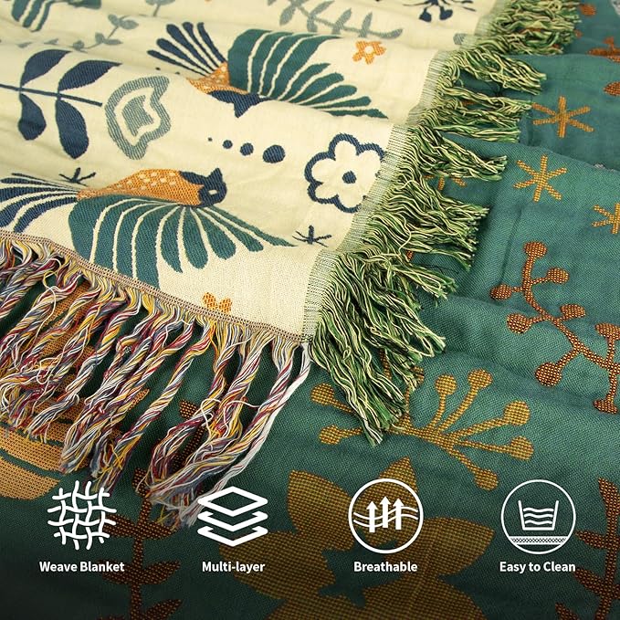 MACEVIA 100% Cotton Boho Throw Blanket, Soft Lightweight Green Bird Floral Design, 60"x80" Twin Size Bedspread for Couch Sofa, Bed, Travel, Cottagecore Decor, with Fringe Tassels (Bird Floral)