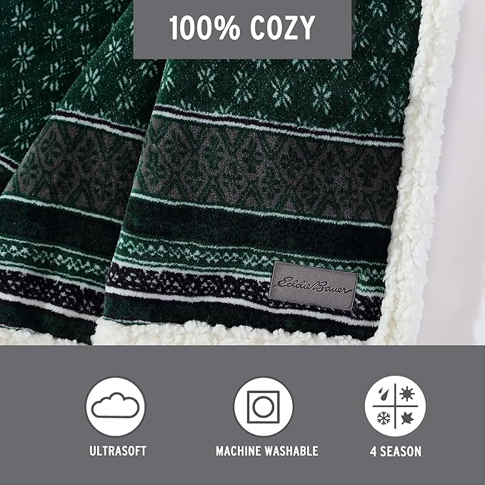 Eddie Bauer- Throw Blanket, Reversible Sherpa Fleece Bedding, Home Decor for All Seasons (Fair Isle Green, Throw)