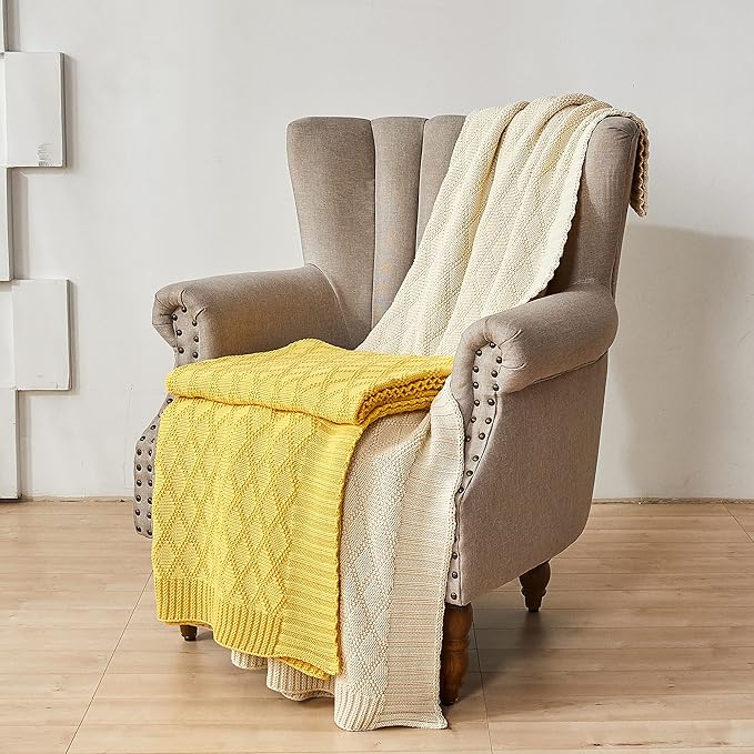 Cotton Lemon Yellow Knit Throw Blanket for Couch Sofa Beach Chair Bed Home Decorative Soft Warm Cozy Cable Lightweight Knitted Blankets,2.2 pounds 50 x 60 Inch with Bonus Laundering Bag