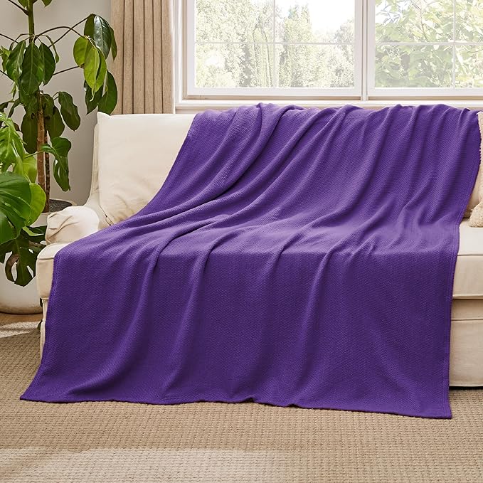 Bedsure 100% Cotton Large Throw Blanket for Couch 50x70 inches - Breathable and Lightweight, Soft Cozy Herringbone Woven Blanket for Summer Spring, Purple