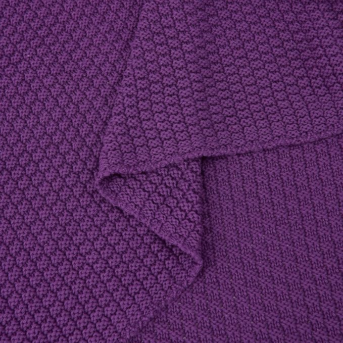Longhui bedding Purple Knitted Throw Blanket for Couch, Soft, Cozy Machine Washable 100% Cotton Sofa Knit Blankets, Heavy 3.0lb Weight, 51 x 63 Inches, Purple Color.
