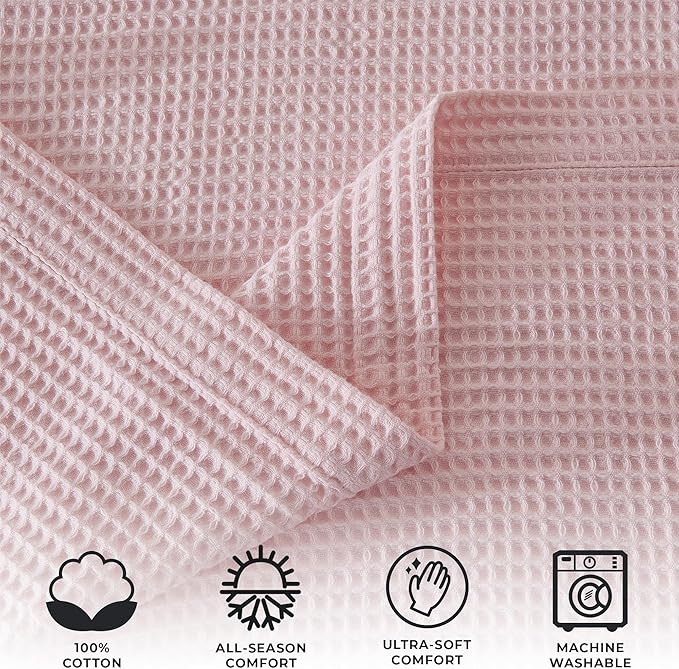 100% Cotton Twin Size Bed Blanket - Pink Waffle Weave Lightweight Summer Layering - 90x66in Prewashed Breathable, Woven (Twin, Blush)